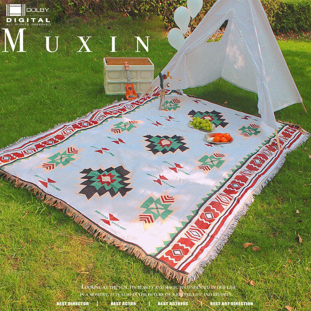 Boho Outdoor Picnic Blanket, Retro Camping Mat for Beach, Park & Tents