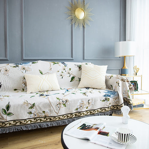 American Floral & Bird Sofa Cover, Knitted Throw Blanket for Sofas & Beds